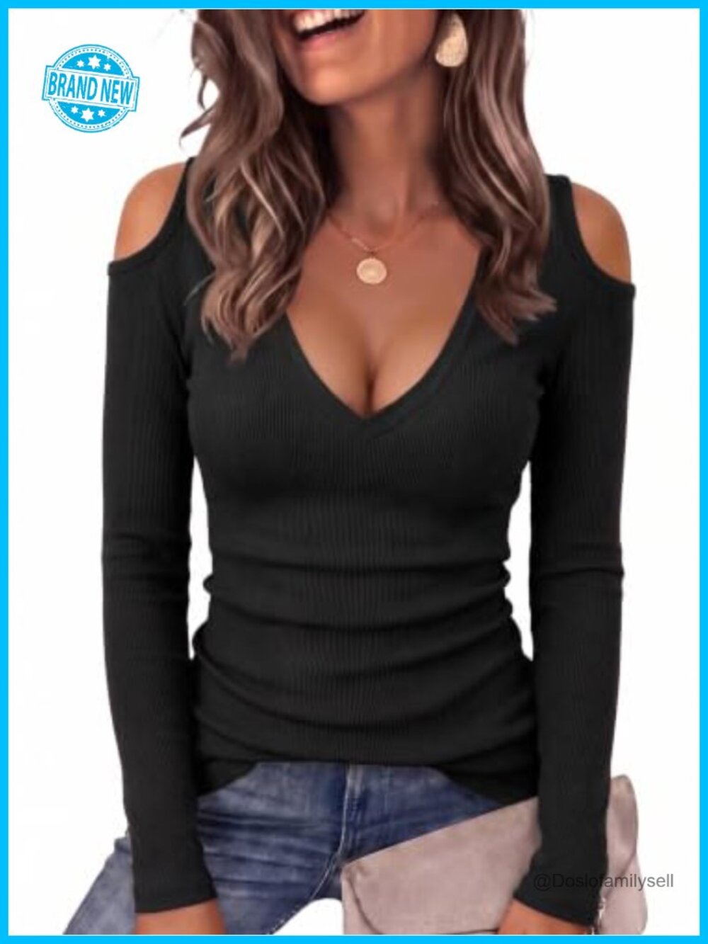 Women Long Sleeve V Neck Cold Shoulder Top Ribbed Slim Fit Tunic Casual